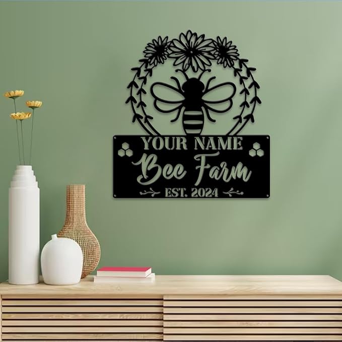 MeMate Bee Farm Flowers Sign, Custom Name Sign Metal for Bee Lovers, Garden Sign to Personalize, Bee Garden Art Decorations, Personalized Bee Sign, 8-24 inches Large Metal Sign, Gift for Beekeeper