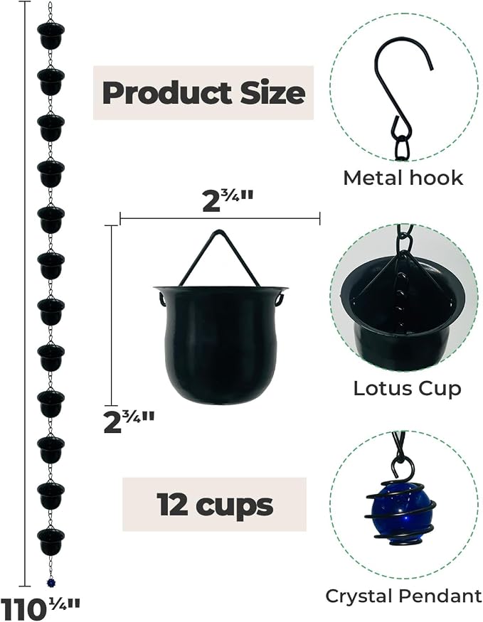 9.5FT Black Barrel-Shaped Rain Chain Durable Downspout Replacement | Rust-Resistant Metal Build, Bucket-Style Rain Water Catcher, Replaces Gutter Downspouts, Durable Outdoor Garden Yard Decor