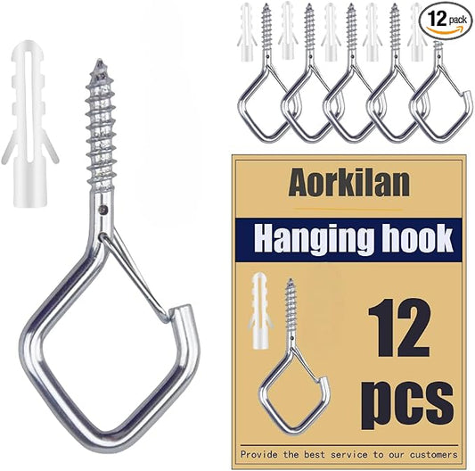 12-Pack Heavy-Duty Silver Screw Eye Hooks with Safety Clips | Metal Ceiling Hooks for Hanging Plants, Wind Chimes, Bird Feeders & Indoor/Outdoor Lights