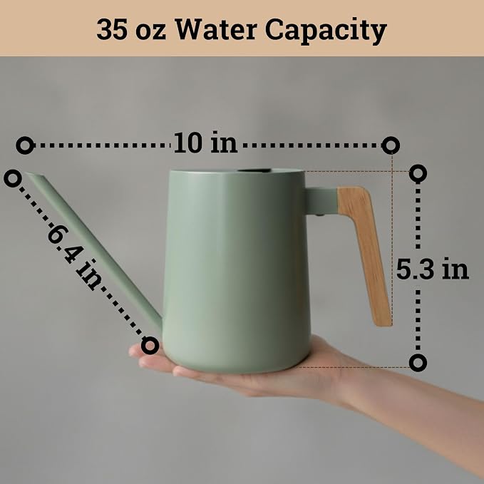 35 Ounce Metal Small Indoor Watering Can with Long Spout & Real Wood Handle for House Plants, Succulents, Cacti & Seedlings - Sage Green Long Spout Watering Can Indoor Plants - Gentle Flow & No Spills