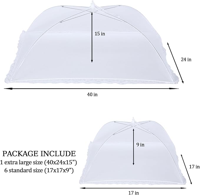ZMCINER 7 Pack Food Covers for Outdoors Mesh Screen Include Food Tents 1 Extra Large (40"X 24") & 6 Standard (17"X 17") Collapsible and Reusable Mesh Covers for Outside, BBQ Party Supplies, Fruit