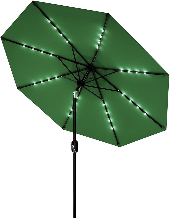 Patio Umbrella with Solar Lights, Outdoor Table Umbrella with 8 Durable Ribs, Tilt & Crank Mechanism, Water & UV Protection Sun Shade Umbrella for Garden, Poolside, Backyard (Dark Green, 10 FT)