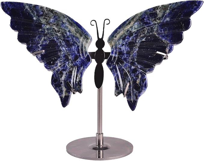 JIC Gem Large Blue Sodalite Quartz Crystals Butterfly Art Decorative Stones Natural Blue Rocks Healing Crystal Carved Angel Wings with Display Decor Reiki Gifts (1pair, 10cm)