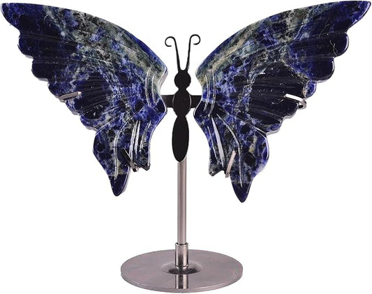 JIC Gem Large Blue Sodalite Quartz Crystals Butterfly Art Decorative Stones Natural Blue Rocks Healing Crystal Carved Angel Wings with Display Decor Reiki Gifts (1pair, 10cm)