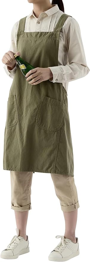Japanese Cotton Linen Cross Back Apron with Pockets,Fashion Pinafore Dress for Gardening Painting Cleaning Cooking