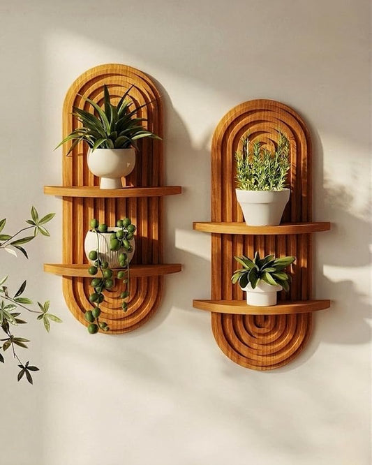 Bamworld Boho Wall Decor Brown Plant Wall Shelf, Mid Century Modern Decor Hanging Plant Shelf, 2-Tier Wooden Floating Shelves for Home, Bathroom Bedroom Living Room, Office Planter Decoration 2 pcs