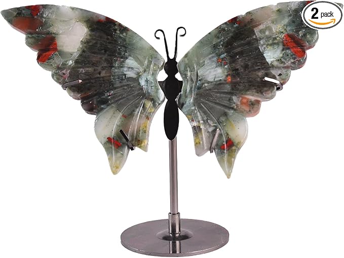 JIC Gem Natural African Bloodstone Raw Crystals Butterfly Figurine Decorative Rocks Stones Healing Crystal Carved Angel Wings with Display Decor Reiki Gifts (1pair, 10cm)