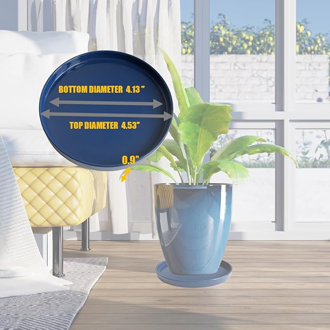 Yukfona Ceramic Plant Saucer Tray 4 Pcs 4 Inch Blue, 4.53" OD x4.13 ID x0.9 Deep| Fits Flower pots Bottom≤ 4.13", Heavy Duty Glazed Round Planter Drip with Catch Basin for Indoor Outdoor Plants