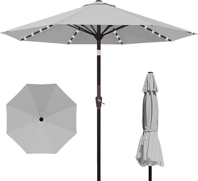 Kingdura 9FT Outdoor Patio Umbrella with Solar Lights, Market Table Umbrella with Push Button Tilt & Crank, 8 Sturdy Ribs, 32 LED Lights, UV Protection for Garden Lawn Deck Backyard Pool (Light grey)