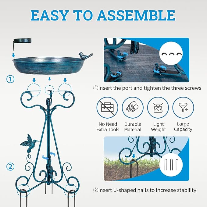DREAMSOUL Blue Bird Bath Stand, 12" Dia Bird Bath for Outside Metal Birdbath with Folding Bracket for Patio Lawn Garden Decor