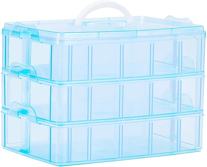 Sooyee Craft Storage Organizer,Hot Wheels Case,Sewing Box,3-Tier Plastic Organizer Box with Dividers, Storage Containers for Organizing Art Supplies, Fuse Beads,Washi Tape, Kids Toy,Blue