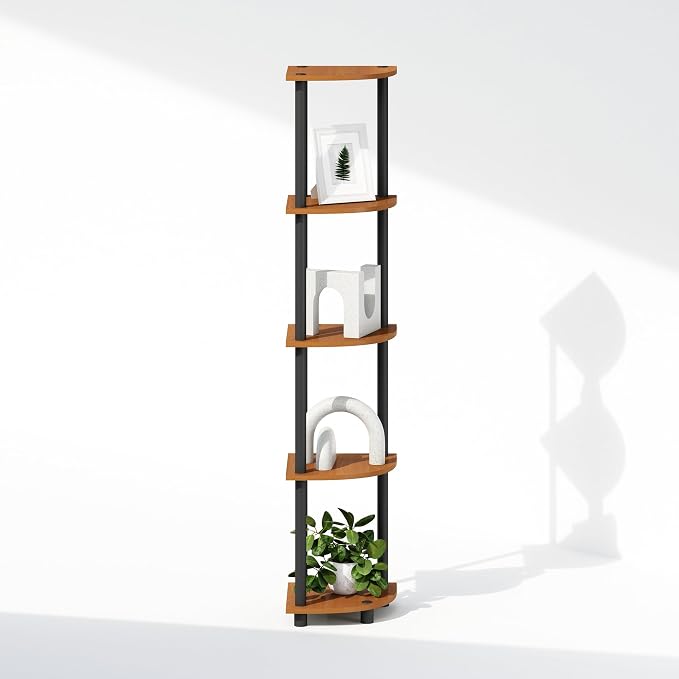 Furinno Turn-N-Tube Storage Shelves, 5-Tier Book Shelf, Corner Shelf, Toolless Open Shelves, for Organization and Storage, Living Room, Home Office, Hallway, Bedroom, Light Cherry