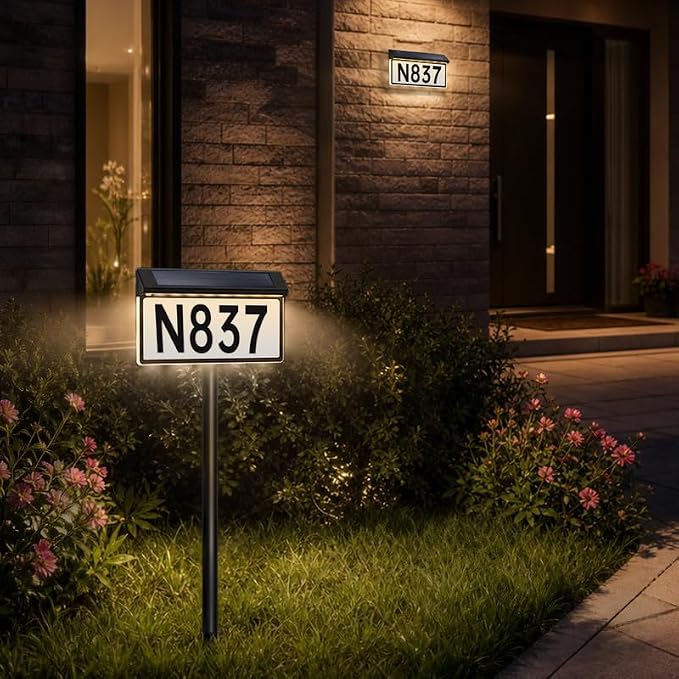 BRIMAX Solar Powered Address Sign,Lighted House Number Plaque IP65 Waterproof,3 Color Modes,Upgraded Side-Lit LED Sign,In-Ground Or Wall Mounted for Outside