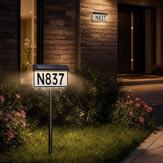 BRIMAX Solar Powered Address Sign,Lighted House Number Plaque IP65 Waterproof,3 Color Modes,Upgraded Side-Lit LED Sign,In-Ground Or Wall Mounted for Outside