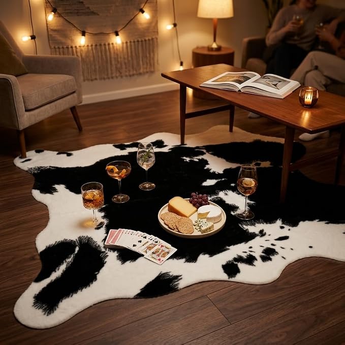MustMat Cow Print Rug, Faux Cowhide Rug for Mid-Century Modern 4'7''×5'3'' | Black & White, Fits Living Rooms, Bedrooms. Matches Industrial & Minimalist Decor, Great For Holiday & Birthday Use