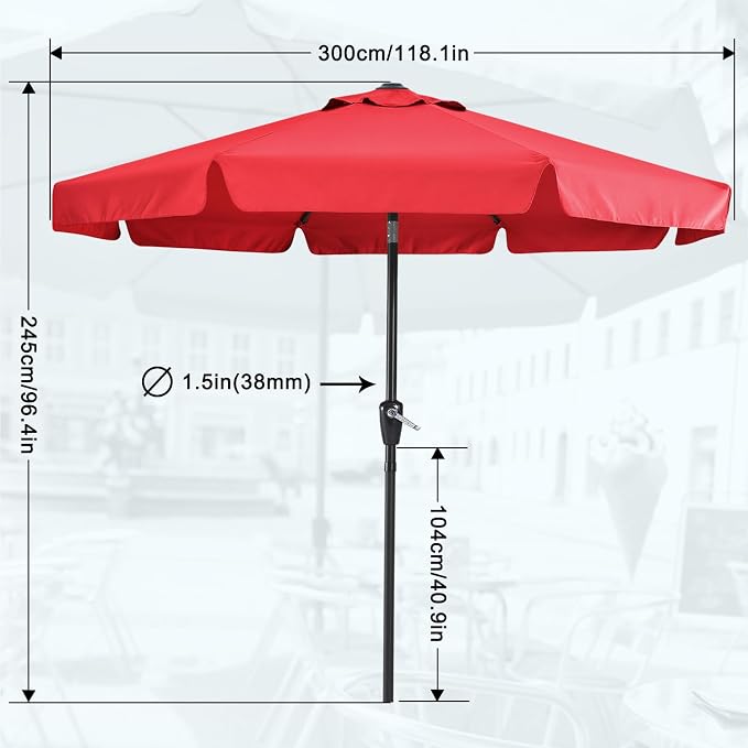 MASTERCANOPY 10ft Patio Umbrella with Valance, Crank and Tilt – 8 Ribs Outdoor Market Umbrella, UV/Fade Resistant, Waterproof Canopy with Wind Vent for Garden, Deck, Backyard, Pool (Red)