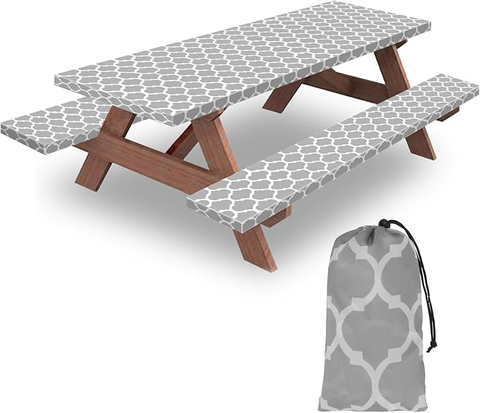 6ft Picnic Table and Bench Cover, Camping Essentials RV Gear, 72in Waterproof Windproof Outdoor Elastic All Around Tablecloth, Fitted Rectangle Tables and Seats, Gray-White Moroccan