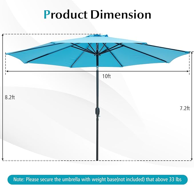 Giantex 10ft Outdoor Patio Umbrella, Market Table Umbrella with Tilt Adjustment and Crank, 180G Polyester, Garden Canopy for Deck Backyard Pool Indoor Outdoor (Blue)