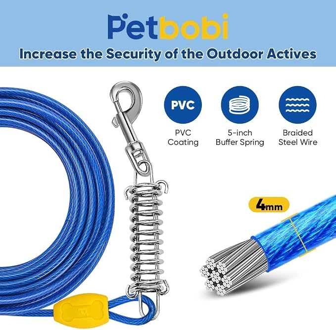 Petbobi Dog Tie-Out Cable and Stake - 30ft Heavy Duty Cable with Spring, No Tangle, 16in Ground Stake, Ideal for Outdoor Yard, Camping, Suitable for Small Medium Large Dogs Up to 120 lbs, Blue