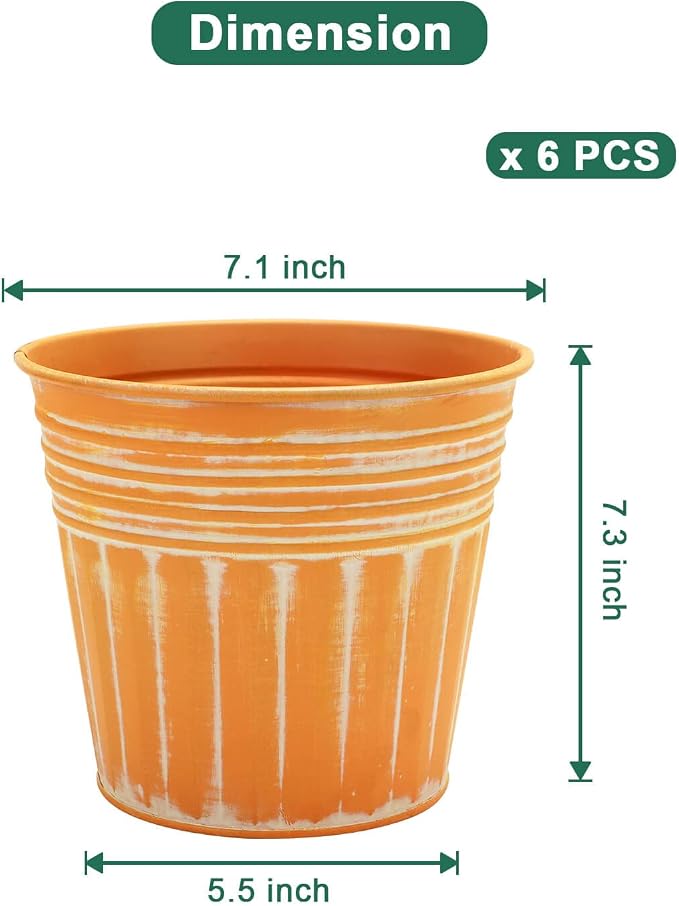 vensovo 7 Inch Galvanized Bucket Planter - 6 Pack Metal Flower Pots with Drainage Holes & Plugs, Rustic Orange Tin Pots for Indoor Herbs, Outdoor Succulents, Farmhouse Home Garden Decor