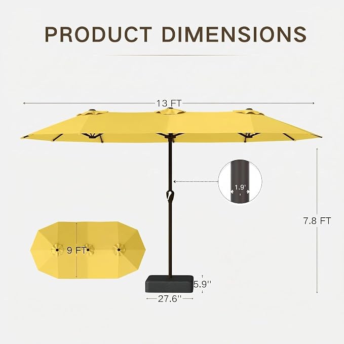 Kingdura 13ft Large Patio Umbrella with Base Included, Double-Sided Rectangle Outdoor Table Umbrella with 12 Reinforced Ribs, Crank Lift for Market Pool Deck Backyard, Yellow