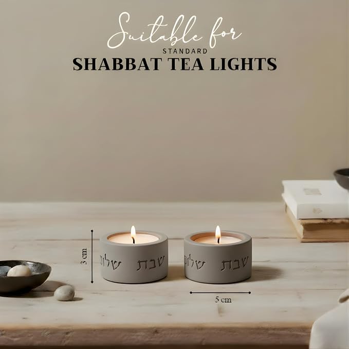 SURI Concrete Shabbat Candle Holders | Jewish Judaica Gift Set with Modern Shabbat Candle Holders | Tall & Short, Ideal Shabbat Set for Tea Lights (Tealights not Included)