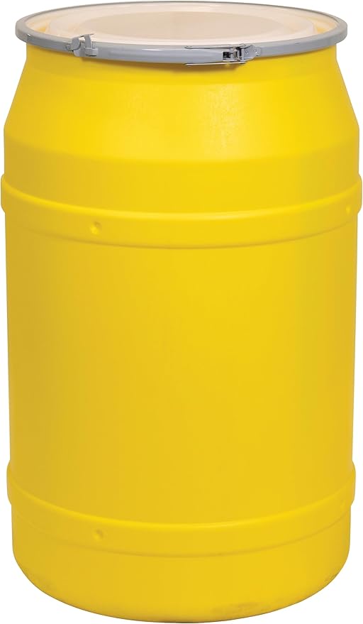 Eagle 55 Gallon Plastic Drum with Lid, Metal Lever-Lock, 36.4"x22.5", Open Head Lab Pack Drum Made of Durable, Lightweight HDPE, Withstands Weather and Chemicals, Made in USA, Yellow, 1656M