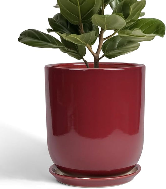 Ceramic Planter for Plants - 10 Inch Plant Pot Indoor with Drainage Hole and Saucer Modern Large Outdoor Planter Flower Pot for Home Decor Red
