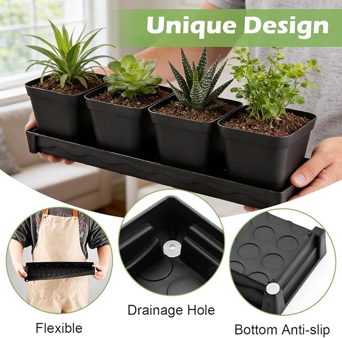 10 Pack Plastic Windowsill Plant Pot Trays (16"x5.5"x1.5"), Rectangular Window Sill Saucer with Removable Drainage Hole, Thick Plant Saucer Tray for 4 inch (10CM) Flower Seedling Pots (Black)