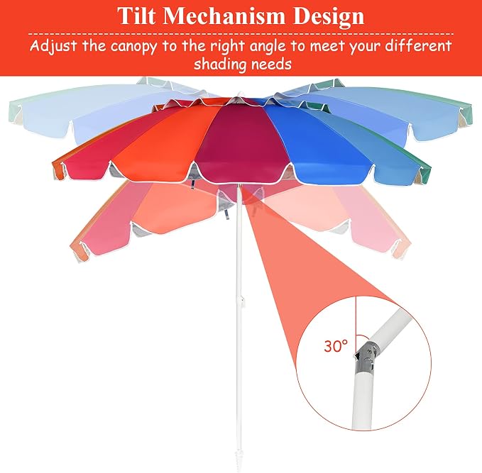 Tangkula 8FT Beach Umbrella, Portable Outdoor Sunshade Beach Umbrella with Sand Anchor & Tilt Mechanism, 16 Sturdy Fiberglass Ribs, Carrying Bag for Garden, Patio (Rainbow)