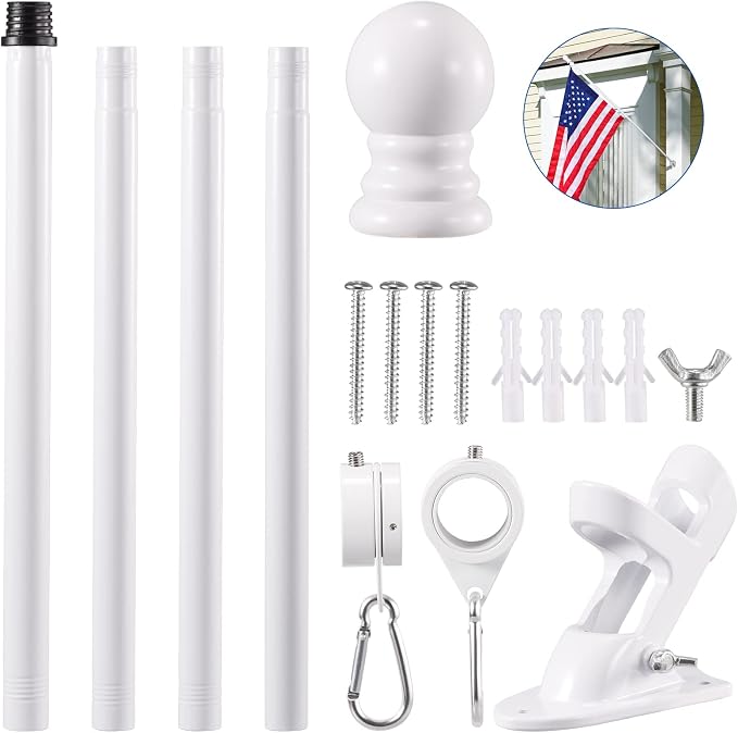 BONWIN White Flag Pole Kit for House, 5FT Thickened Stainless Steel Outside Wall Mount Flagpole for 3x5' Flag, 1" Tangle Free Rotating Flag Pole Rings & 2-Position Bracket Holder for Porch Residential