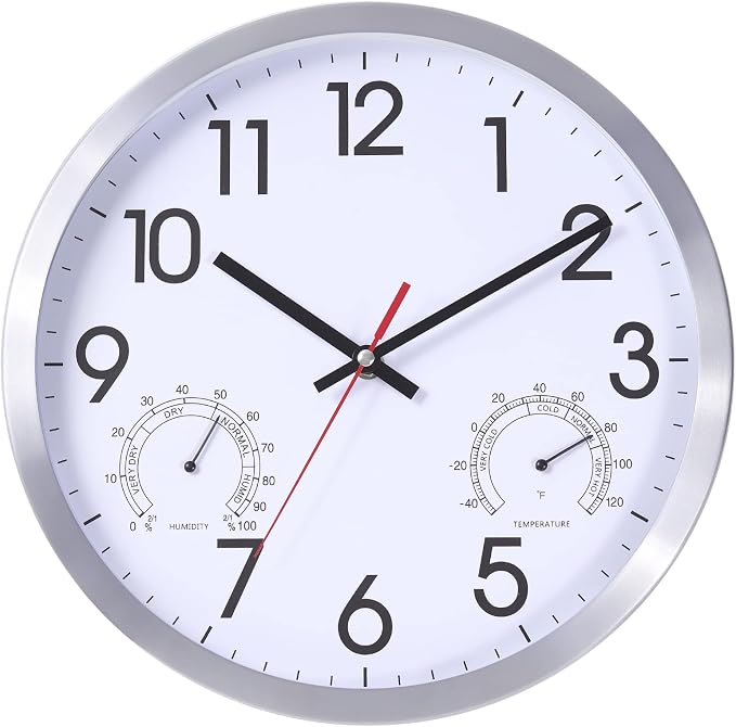 12 Inch Wall Clock with Temperature & Humidity, Aluminum Frame Wall Clocks, Sweep Silent Movement Accurate Clocks, Decorative for Kitchen Living Room Bedroom