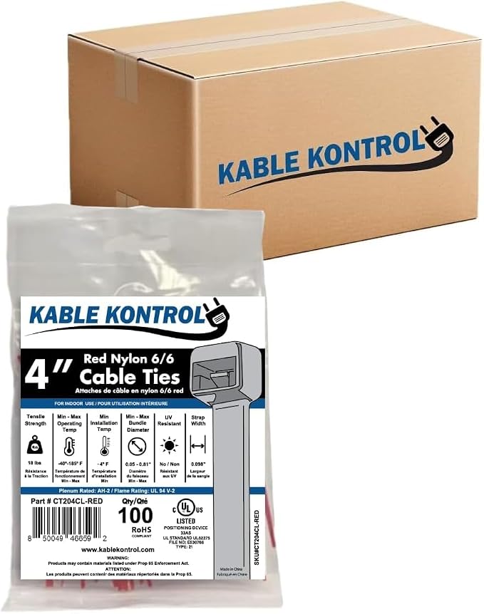 Kable Kontrol Red Zip Ties 4 Inch 40,000 Pcs, 18 Lbs Tensile Strength, Bulk Pack, Self-locking Nylon Colored Cable Ties Wire Wraps for Indoor or Outdoor Use