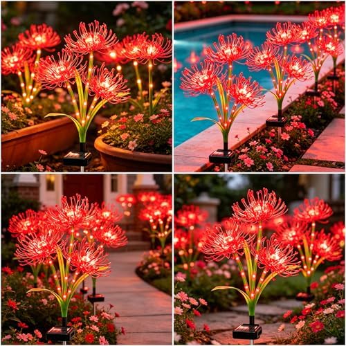 VOOKRY Solar Lights Outdoor, 4 Pack Red Spider Lily Garden Flower Lights - Image 5