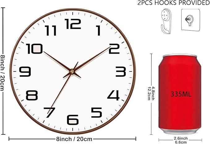 Woodgrain Wall Clock–Silent Non-Ticking Wall Clocks Battery Operated 8 Inch, Large Easy-to-Read Numbers Modern Modern Analog Clock for Bedroom Living Room Kitchen Office Gym (Brown)