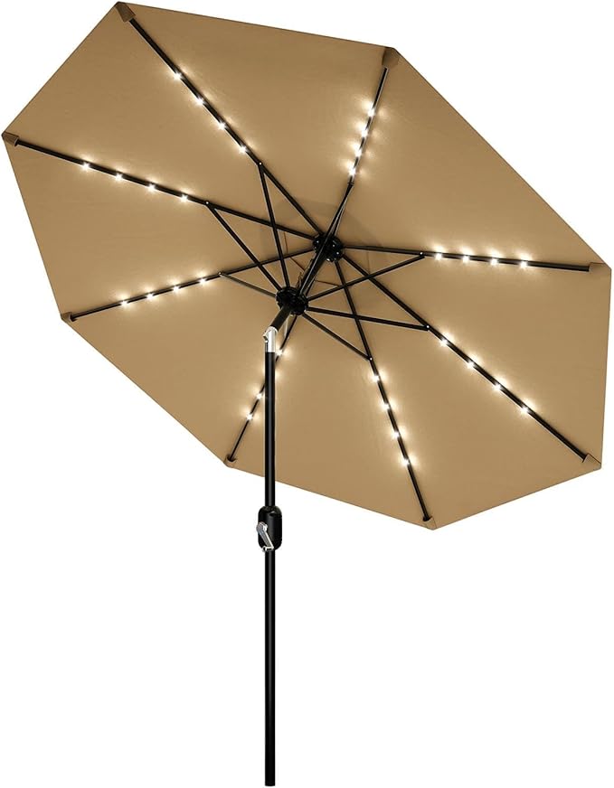 GarveeLife Patio Umbrella with Solar Lights, Outdoor Table Umbrella with 8 Durable Ribs, Tilt & Crank Mechanism, Water & UV Protection Sun Shade Umbrella for Garden, Poolside, Backyard (Tan, 9 FT)