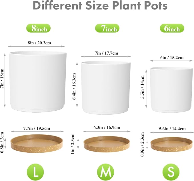 Meowell 8/7/6 inch Plant Pots, 3 Pack Cylinder Flower Pots for Outdoor Indoor Plants, Decorative Plastic Planters with Drainage Holes and Saucers for Garden House Plants, White with Brown