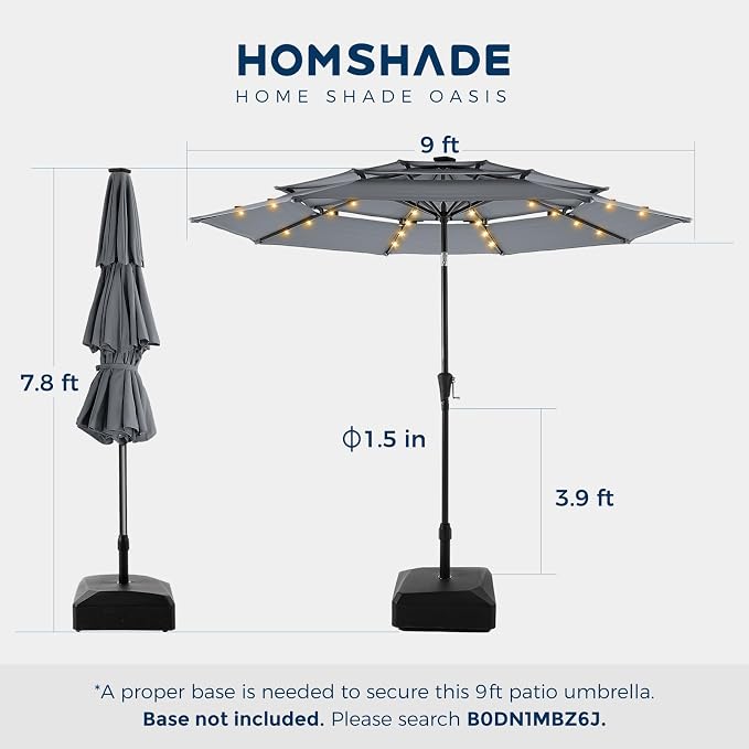 HOMSHADE 3-Tier Patio Umbrella with Solar Lights(Grey,No Base) | 5-Year Fade Resistant;32 LED Lights;Windproof;8 Thicker Ribs;UPF50+;Pool Garden Deck