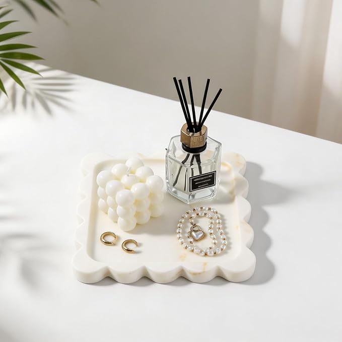 karibiber Calacatta Marble Tray, 8in Golden Small Scalloped Tray, Decorative Trinket Dish, Premium Square Bathroom Vanity Tray for Earrings Rings Necklaces, Unique Stone Jewelry Dish Gift