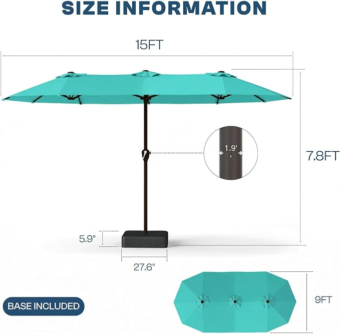 15FT Large Patio Umbrella with Base Included, Double Sided Outdoor Market Umbrella with Flexible Fiberglass Ribs, UV-Blocking Extra Large Umbrella for Garden, Pool, Deck, Turquoise Blue