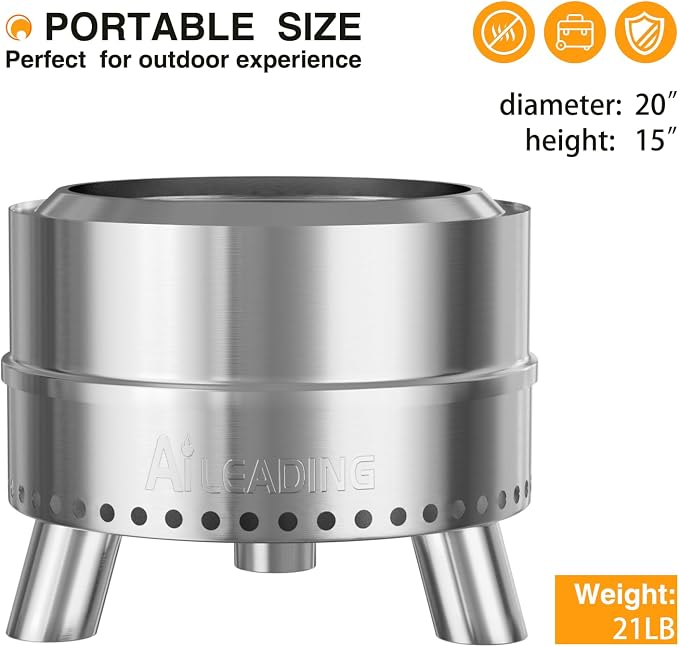 20 Inch Smokeless Fire Pit with Removable Ash Pan, Fire Pits for Outside Wood Burning, Portable Bonfire Outdoor Firepit, Bag & Poker Included, Stainless Steel (Silvery- with Legs-Fire Pit)