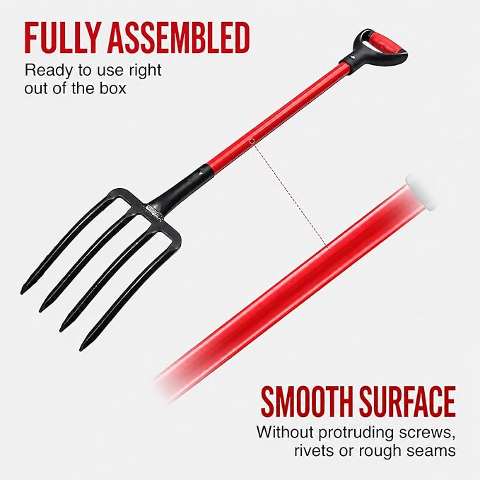 Garden Fork, 44-Inch One-Piece 4-Tine Digging Fork with Fiberglass Handle | Forged steel 4-tine fork for compost turning, soil loosening, mulch spreading, and raised bed gardening