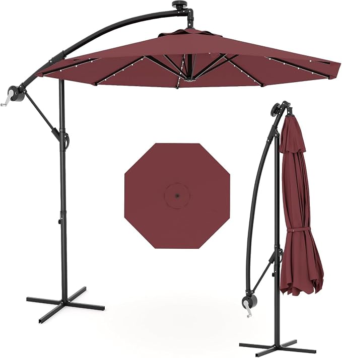 Garvee 10FT Offset Patio Umbrella with Cross Base, Cantilever Umbrella with Easy Lift & Tilt Adjustment, 8 Ribs Sun umbrella UV Protection for Backyard, Pool, Garden, Burgundy