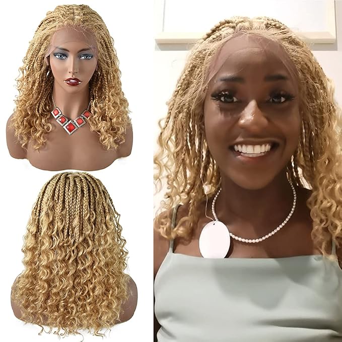 Lace Braids Wig For Black Women Box Braided Wigs Curly Swiss Lace Front Braid Wigs Hand Tied Micro Twist Braiding Wig Knotless Synthetic Braids Wig With Baby Hair (LL602483C, #27/613M)
