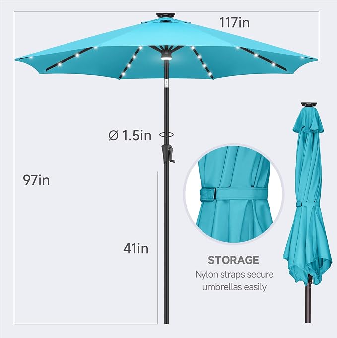 FLAME&SHADE 10 FT Solar Light Patio Umbrella, 40 LED lights outdoor umbrella with Centre Surround Light, Table Market Umbrella for Deck, Pool, Porch, Backyard, Garden, UV Protection, Aqua Blue