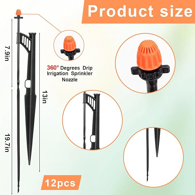 12 Sets 360°Drip Micro Spray Emitters with Sprinkler Stake, Drip Sprinkler Heads with Adjustable Riser 1/4" Irrigation Tubing and Barbed Coupler,Micro Sprinkler Assembly for Garden Irrigation System