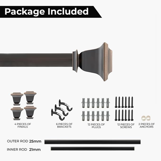 Deco Window Adjustable Curtain Rod for Windows 44 to 120 Inch (Pack of 2) Extendable Heavy Duty 1 Inch Iron Drapery Pole with Finials Wall Mounted French Door Curtain Rods (Bronze)