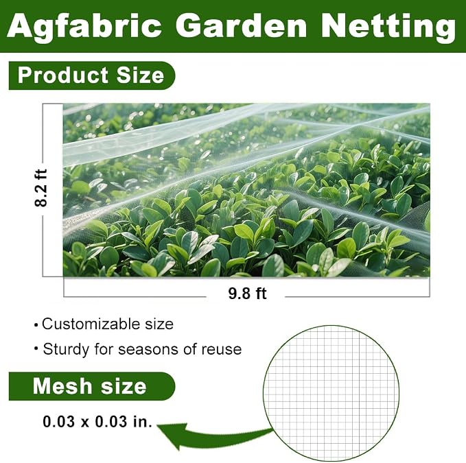 Agfabric Garden Netting 8.2'x9.8' Insect Pest Barrier Netting for Garden Protection,Plant Cover Row Cover Mesh Netting for Vegetables Fruit Trees and Plants,White