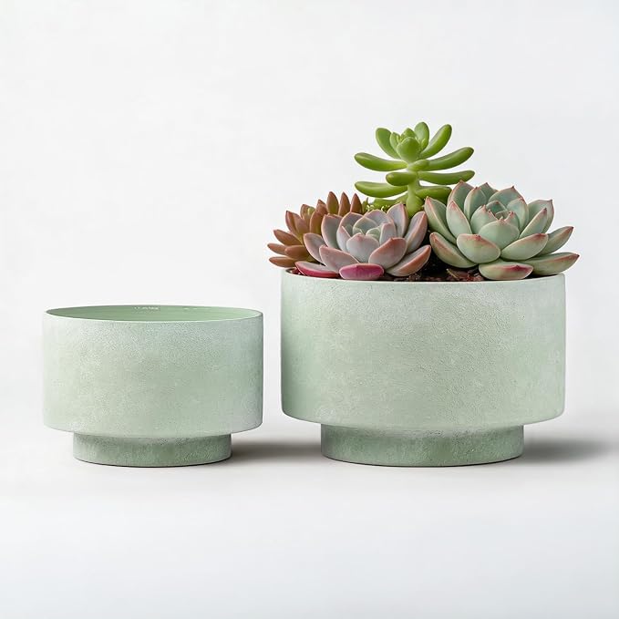 Succulent Pots, 8 Inch + 6 Inch Plant Pots for Plants with Drainage Hole, Indoor Outdoor Ceramic Planter, Set of 2 Round Flower Pots for Succulent and Plants, Green