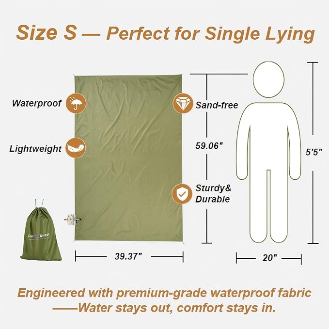 Picnic Blanket Waterproof – Packable Sand Proof Beach Blanket (0.42lb/0.66lb), Compact & Foldable, Fits in Pocket with Integrated Stakes, Ideal for Camping, Hiking, Travel, Concert, Festival